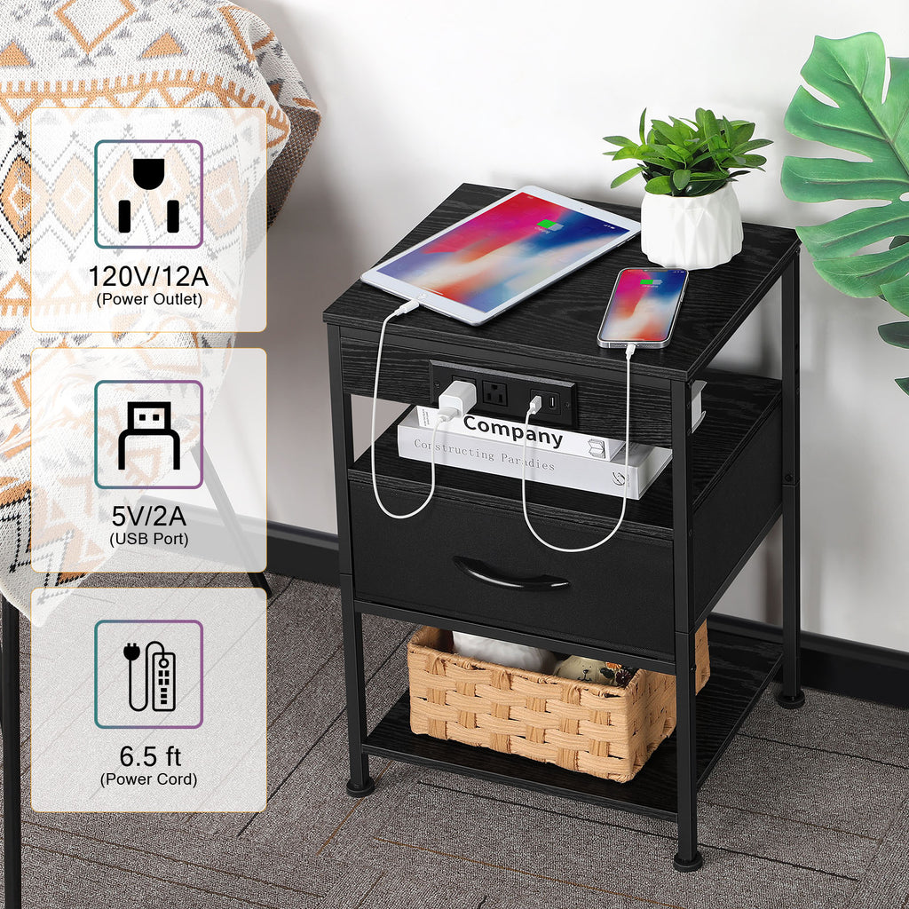 3-Tier Nightstand with Charging Station (2-Pack) - Modern Black End Tables for Bedroom, Dorm & Office