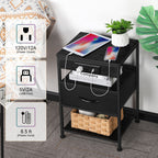 3-Tier Nightstand with Charging Station (2-Pack) - Modern Black End Tables for Bedroom, Dorm & Office