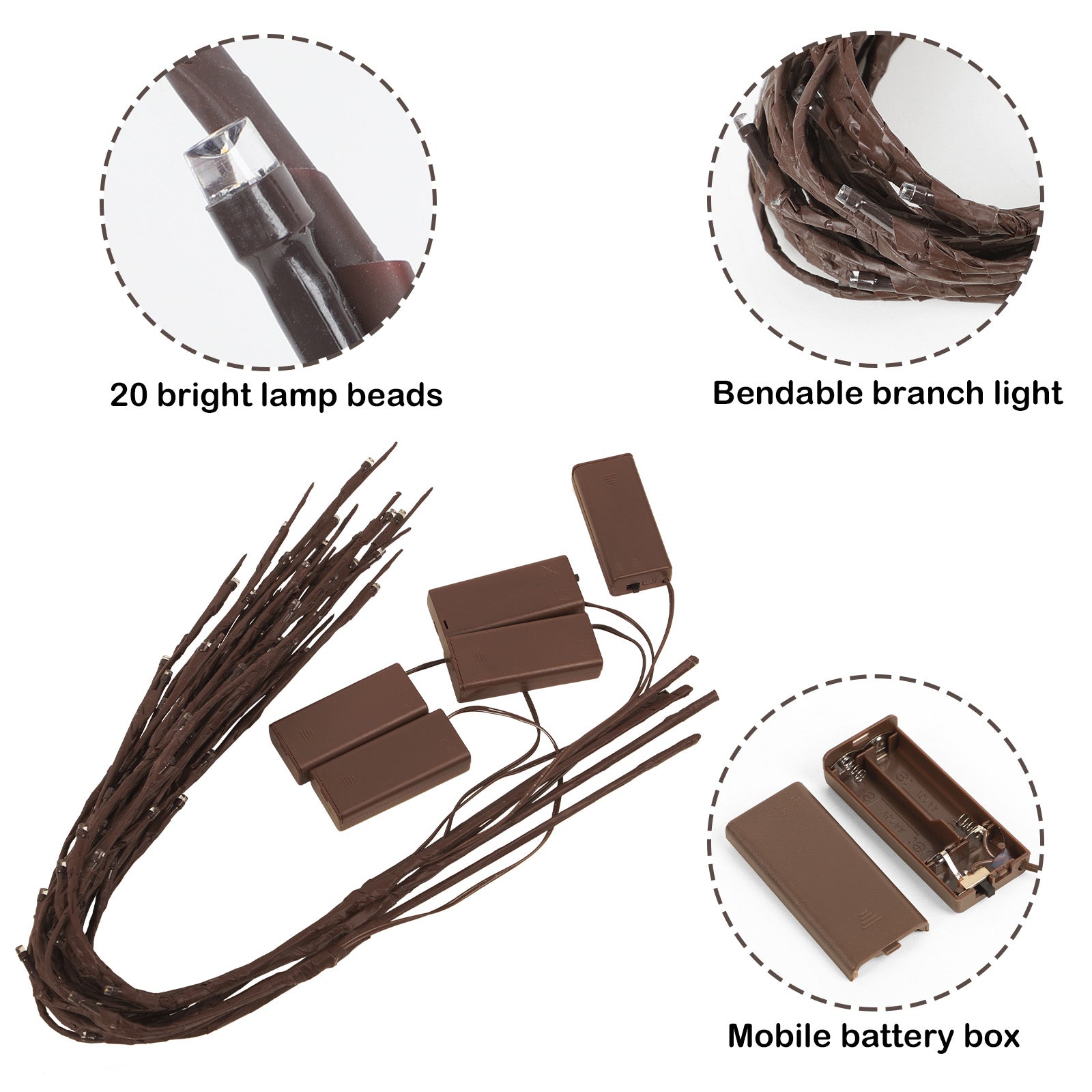 Set of 5 LED Willow Branch Lights - Battery Operated Realistic Twig Fairy Lighting for Interior Home Decor and Ambient Illumination