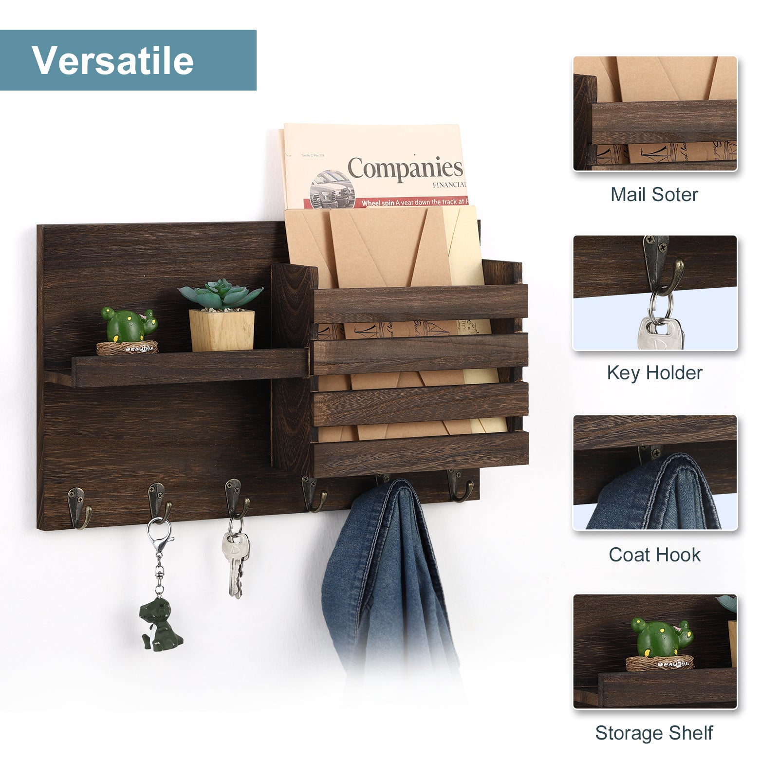 Wooden Mail Sorter Rustic Mail & Key Holder Organizer with 3 Key Hooks, Wall Mount Mail Holder for Entryway