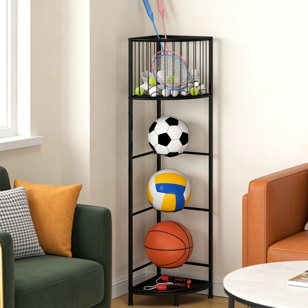 3-Tier Corner Sports Ball Rack - Vertical Storage Organizer for Basketballs, Soccer Balls & Volleyballs,
