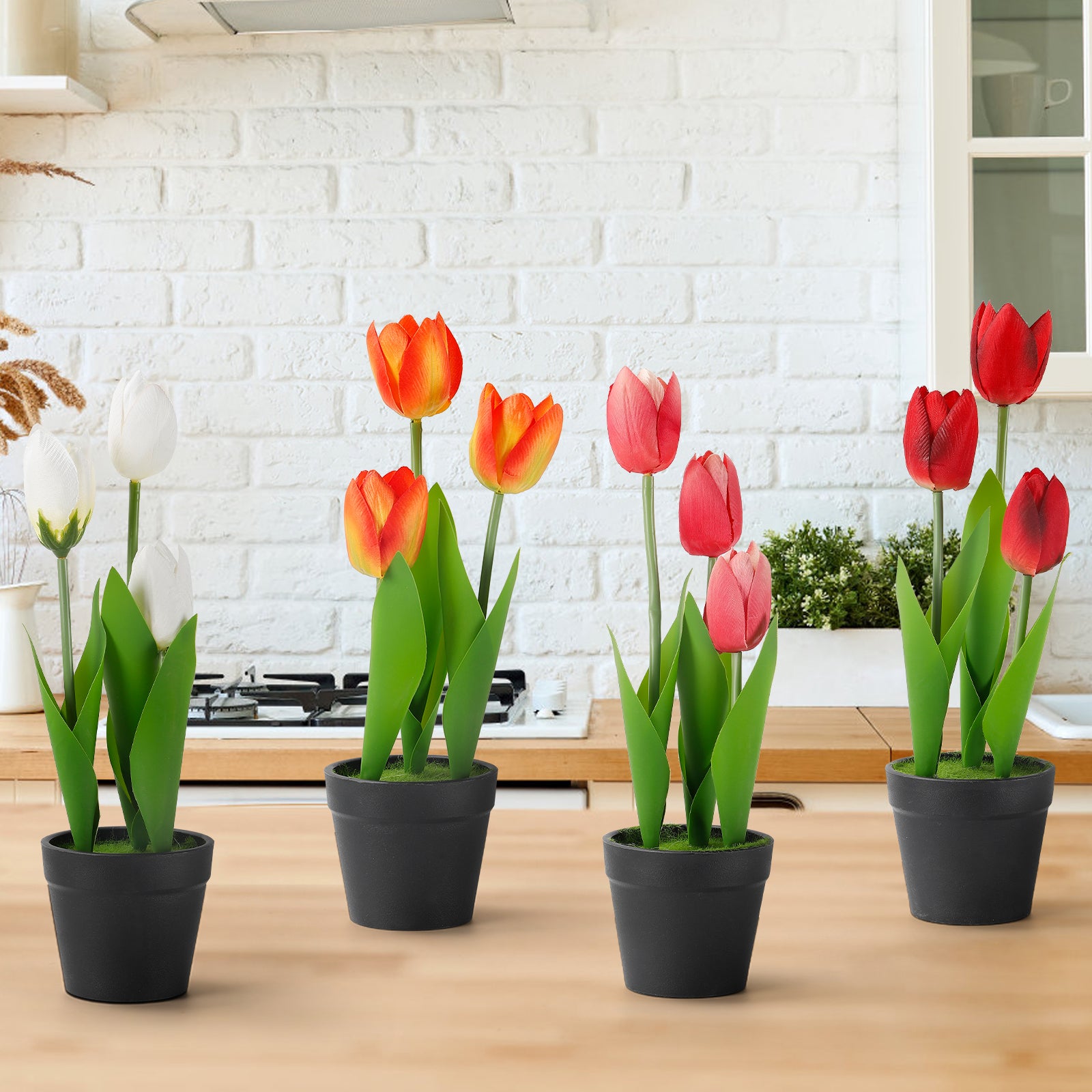 4-Pack Mixed Artificial Tulip Bouquets in Pots, Small Colorful Faux Flowers for Wedding Home & Holiday Party Decor