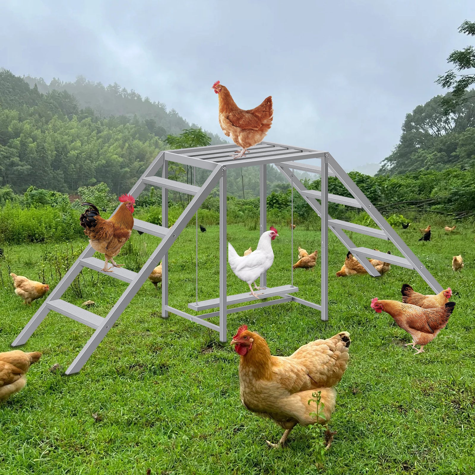 Wooden Chicken Roosting Bars & Perches with Swing - Coop Ladder & Activity Toy for Poultry