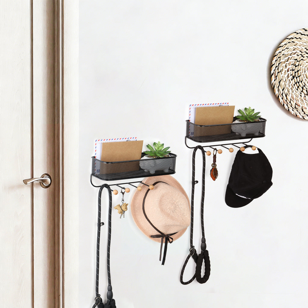 Decorative Wall Mail & Key Rack - 2 Pack Metal Basket Organizer with 5 Hooks for Entryway