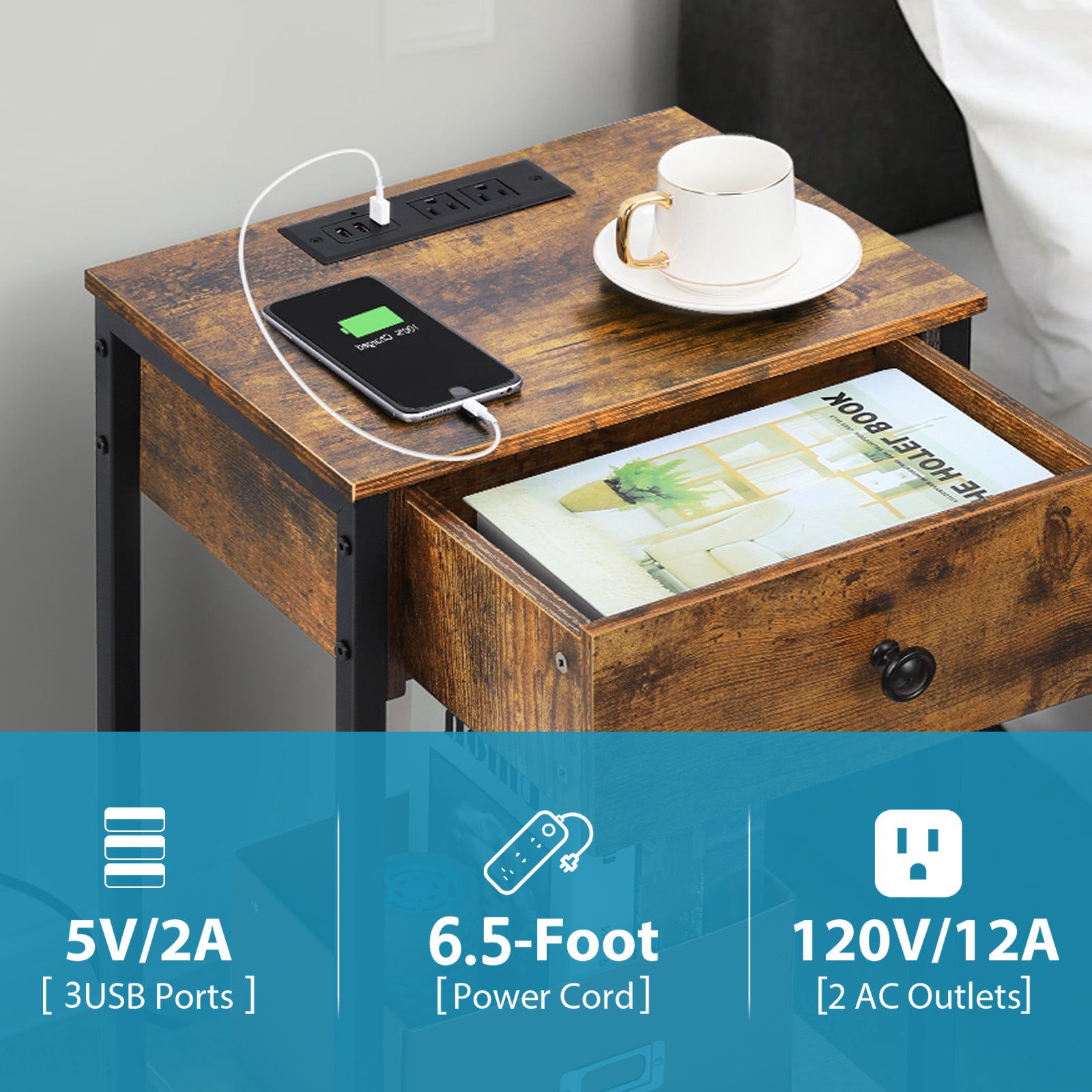 Set of 2 Farmhouse Bedside Tables with Integrated Power Strip, 3 USB Ports, Floating Drawer, and Rustic Charred Wood Finish