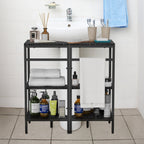 Under Pedestal Sink Storage Cabinet, 3-Tier Bathroom Vanity Organizer, Industrial Corner Shelves with Metal Frame & Wood Top, Space Saving U-Shaped Floor Storage Rack for Small Bathroom, Kitchen, Black