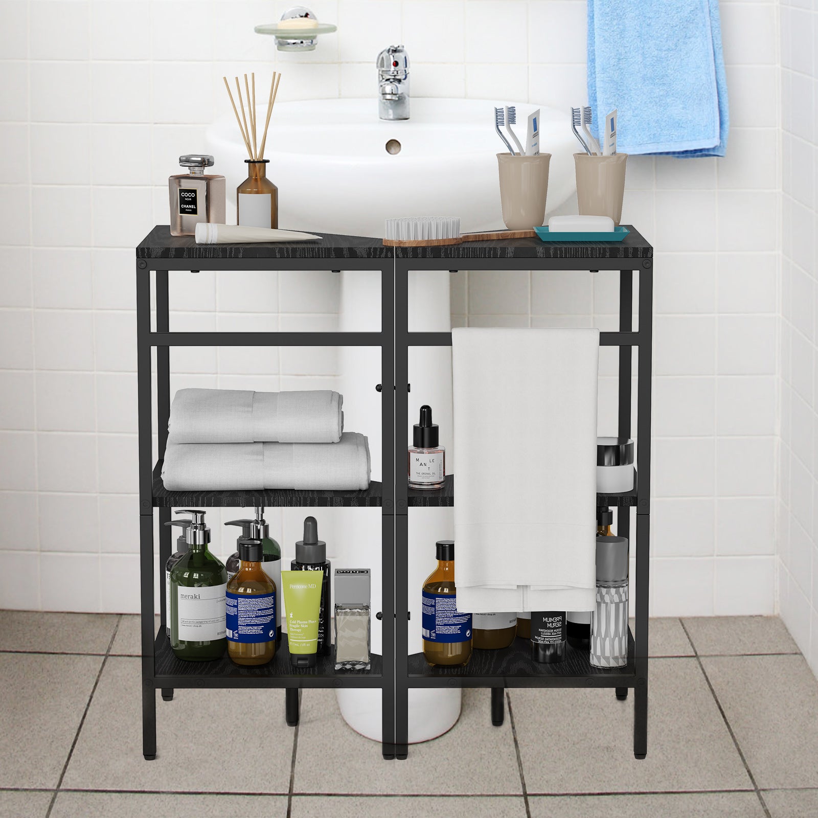 Under Pedestal Sink Storage Cabinet, 3-Tier Bathroom Vanity Organizer, Industrial Corner Shelves with Metal Frame & Wood Top, Space Saving U-Shaped Floor Storage Rack for Small Bathroom, Kitchen, Black