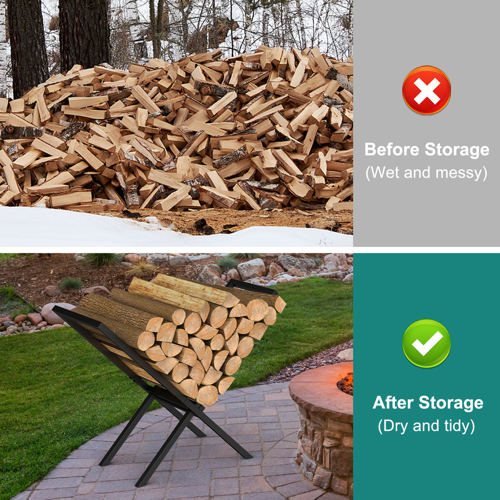 X-Shaped Firewood Rack for Fireplace, Heavy-Duty Metal Log Holder for Indoor/Outdoor Wood Storage, Black,