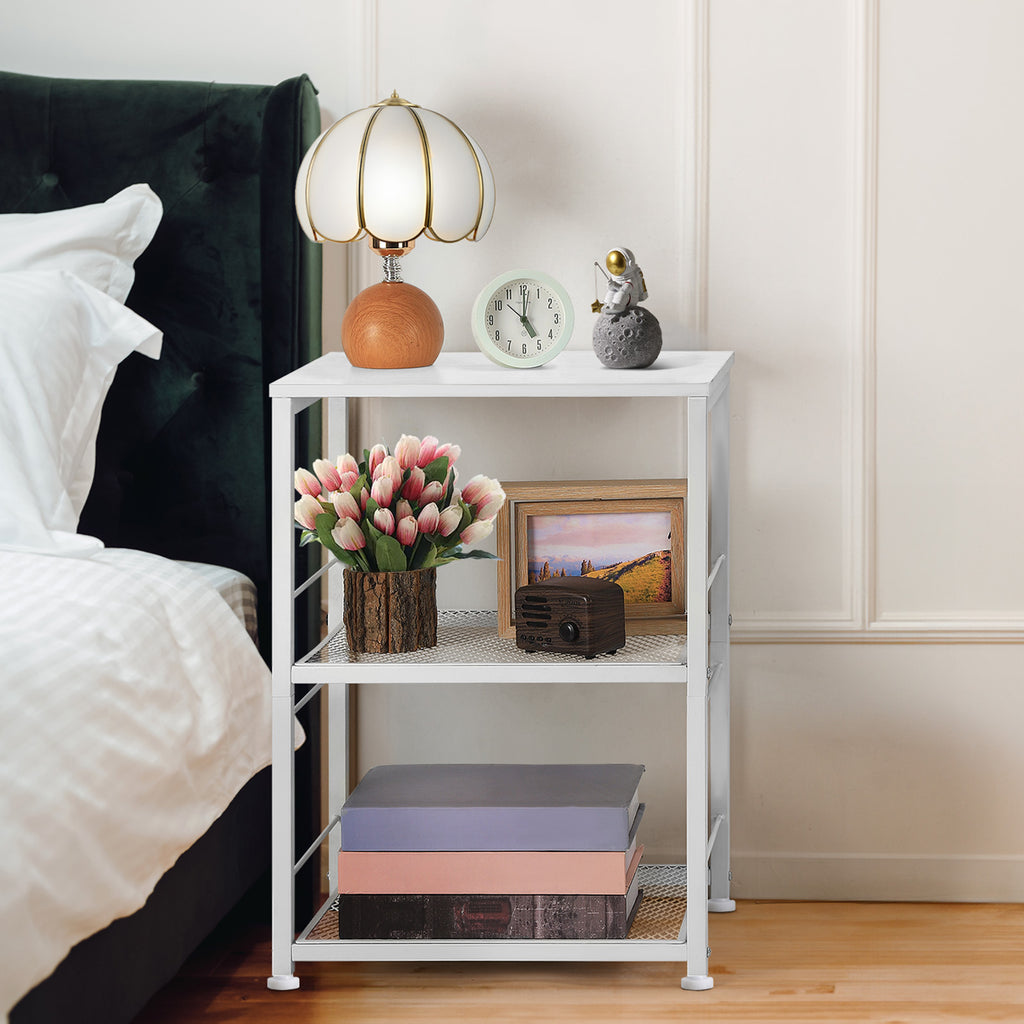 2-Tier Small End Table - White Wood Nightstand with Storage Shelf - Modern Printer Stand & Sofa Side Table for Small Spaces