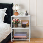 2-Tier Small End Table - White Wood Nightstand with Storage Shelf - Modern Printer Stand & Sofa Side Table for Small Spaces