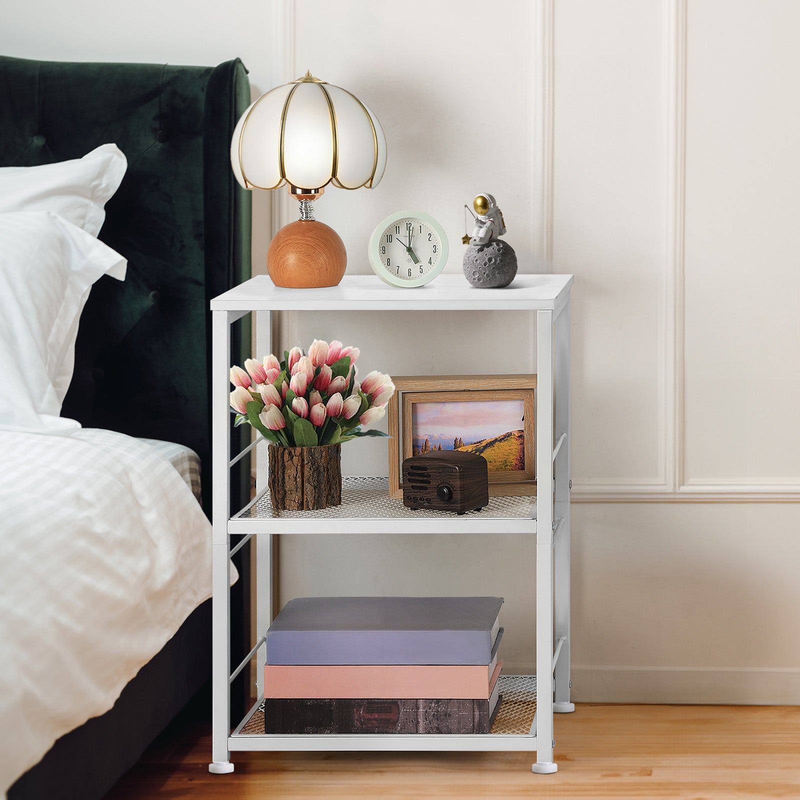 2-Tier Small End Table - White Wood Nightstand with Storage Shelf - Modern Printer Stand & Sofa Side Table for Small Spaces