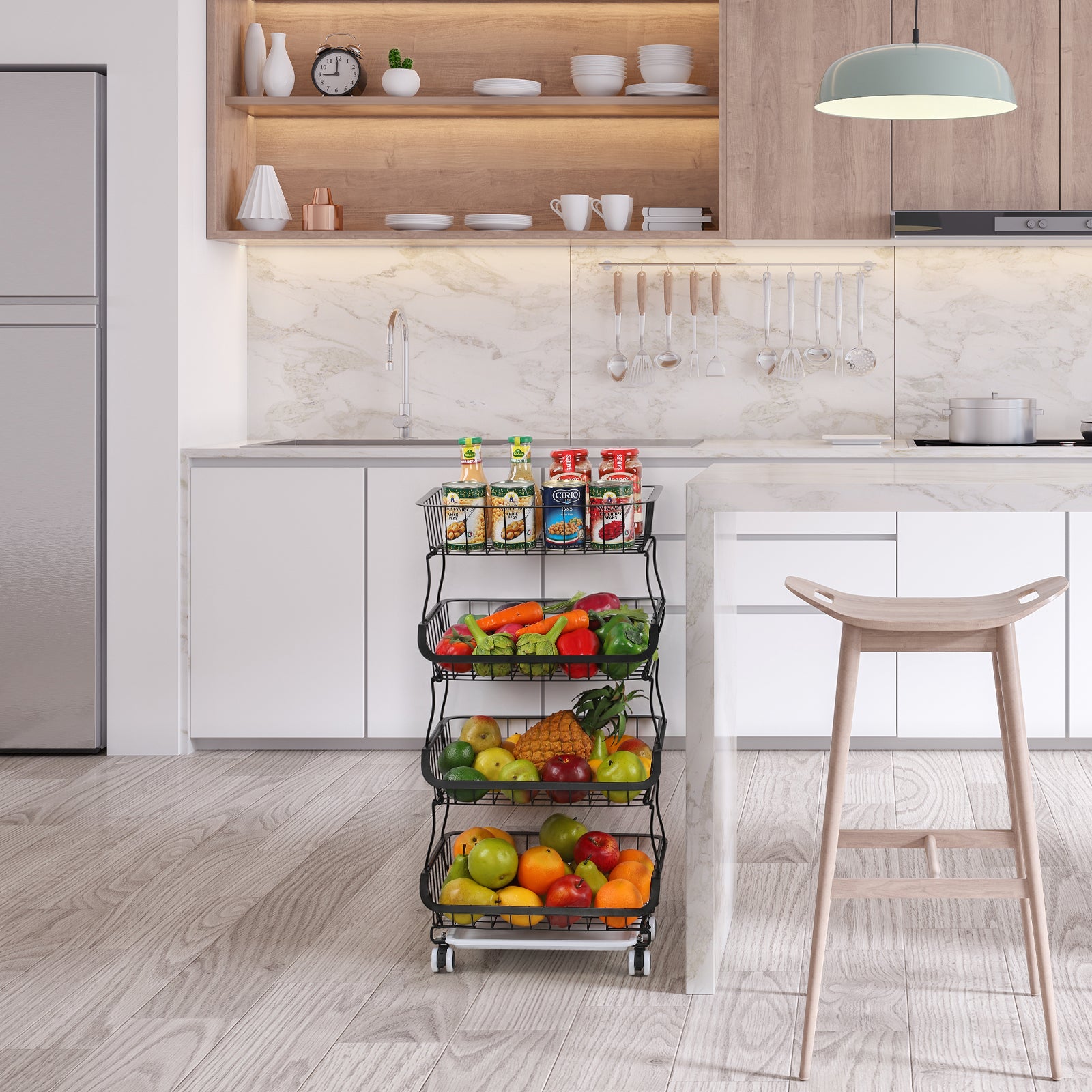 4-Tier Wire Rolling Fruit, Veggie Storage Cart: Space-Saving Sleek Organizer for Kitchen Counter, Pantry (with Wheels for Easy Mobility£©