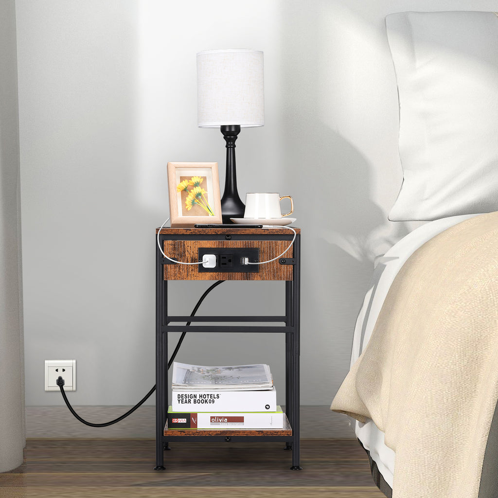 Pair of Rustic Brown 2-Tier Slim Bedside Tables with Integrated Power Outlets and USB Charging Ports, Compact End Tables with Lower Storage Shelf for Bedroom and Living Room