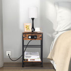 Pair of Rustic Brown 2-Tier Slim Bedside Tables with Integrated Power Outlets and USB Charging Ports, Compact End Tables with Lower Storage Shelf for Bedroom and Living Room