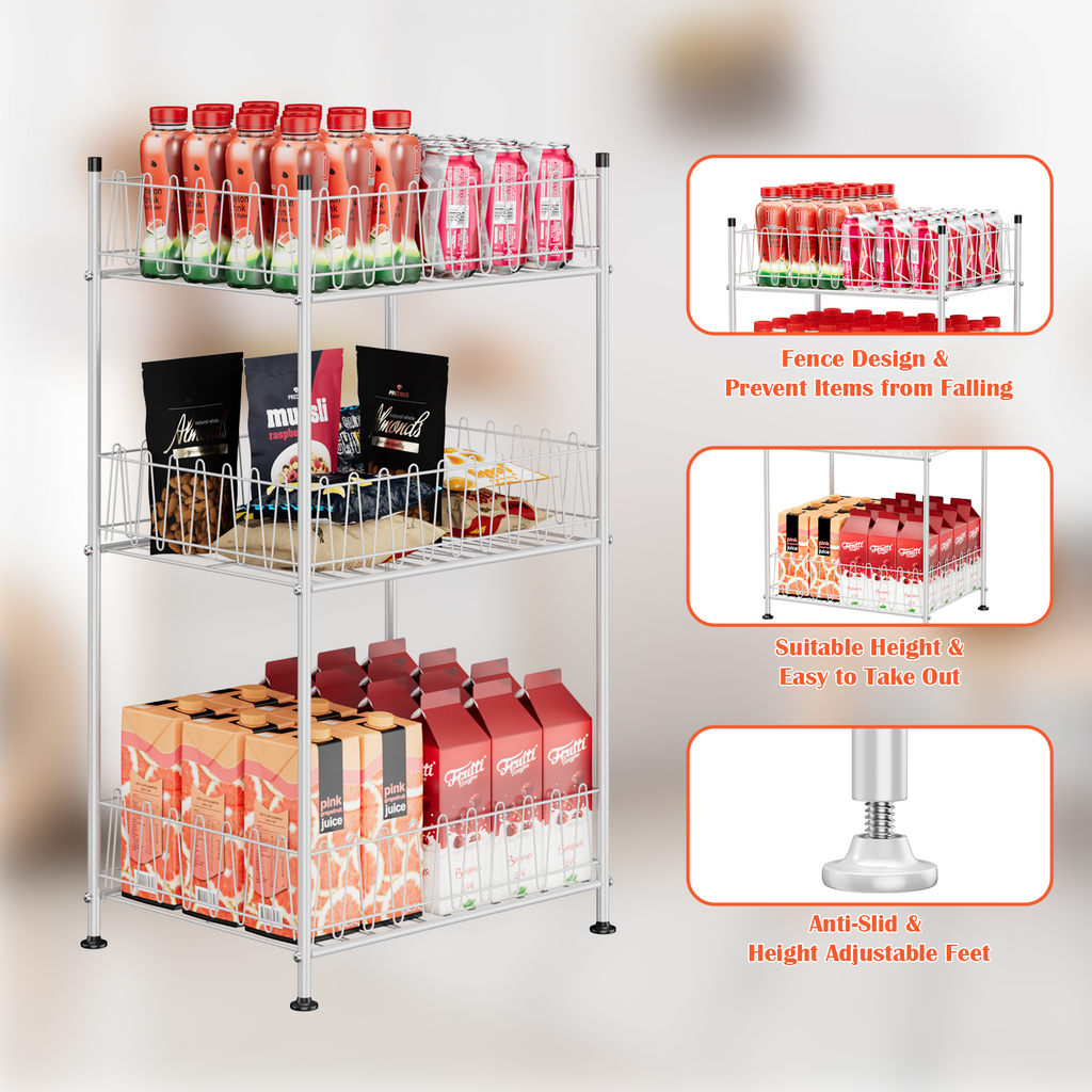 3-Tier Vertical Water Bottle Organizer - Freestanding Metal Drink Storage Shelf for Pantry, Silver