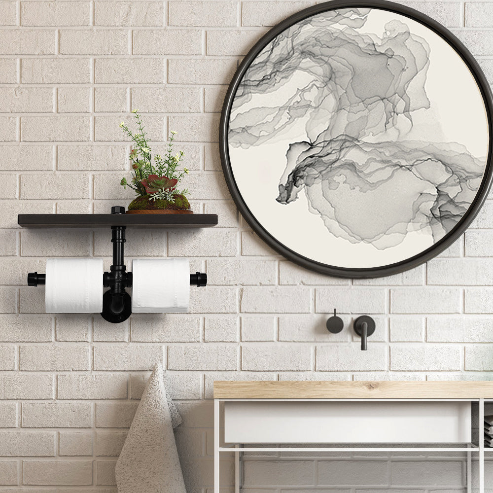 24-Inch Wide Industrial Pipe Toilet Paper Holder with Large Shelf - Wall-Mounted Rustic Wood Tissue Rack - Heavy Duty Double Roll Organizer