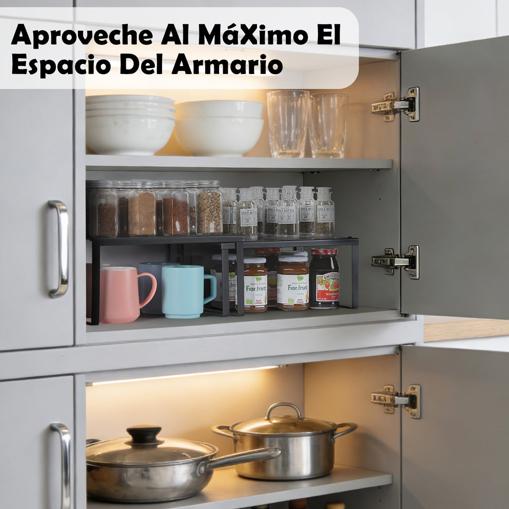 Set of 2 Black Cabinet Shelf Inserts - Expandable & Stackable Kitchen Organizer for Spice Rack