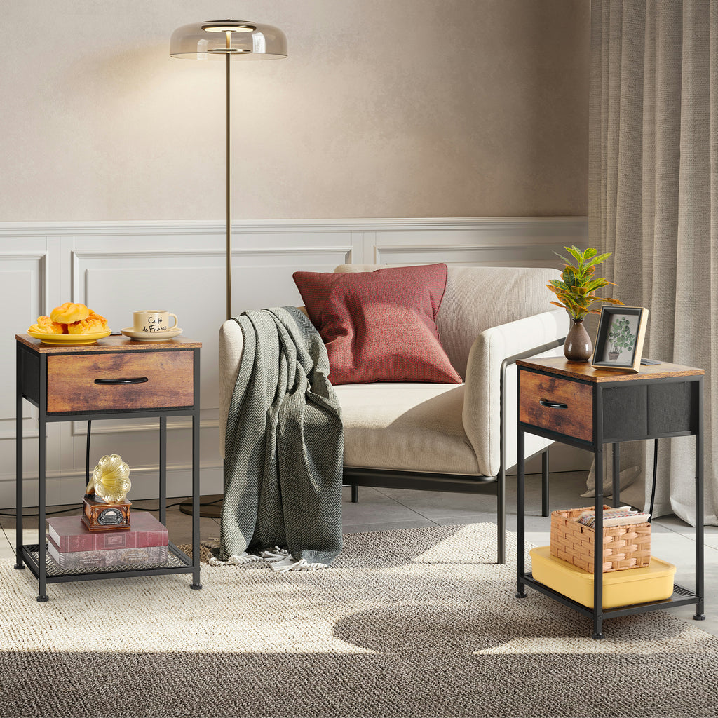 Set of 2 Farmhouse Nightstands with Charging Station, Rustic Brown Industrial End Tables with Fabric Drawer and Mesh Shelf for Bedroom, Living Room