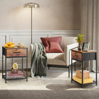 Set of 2 Farmhouse Nightstands with Charging Station, Rustic Brown Industrial End Tables with Fabric Drawer and Mesh Shelf for Bedroom, Living Room