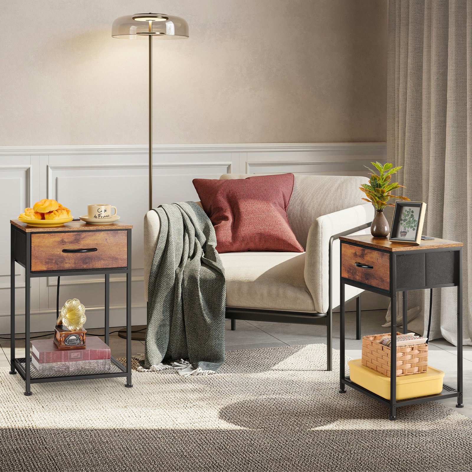 Set of 2 Farmhouse Nightstands with Charging Station, Rustic Brown Industrial End Tables with Fabric Drawer and Mesh Shelf for Bedroom, Living Room
