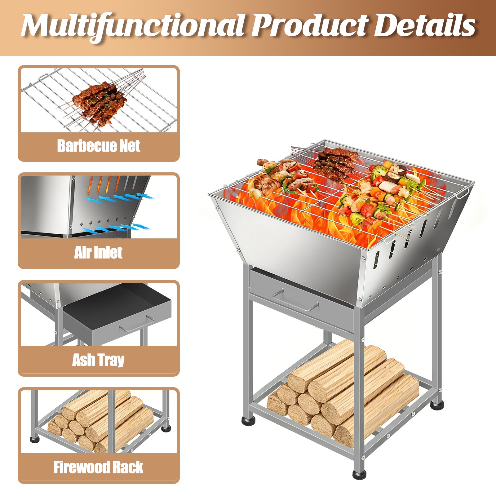 24 Inch Stainless Steel Outdoor Fire Pit, 3-in-1 Wood Burning Square Fire Pit with Cooking Grate, Storage Space & Ash Pan, Multi-functional Firepit for Camping Backyard Bonfire BBQ Picnic Patio