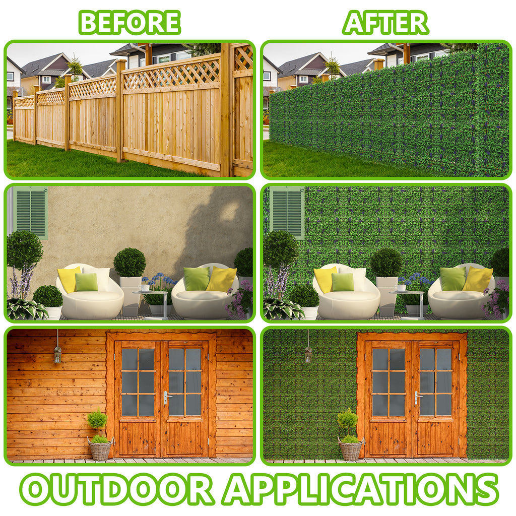 8 Pack Artificial Grass Wall Panels with Lavender - 15inchx11inch UV Stable Boxwood Hedge for Privacy Decor