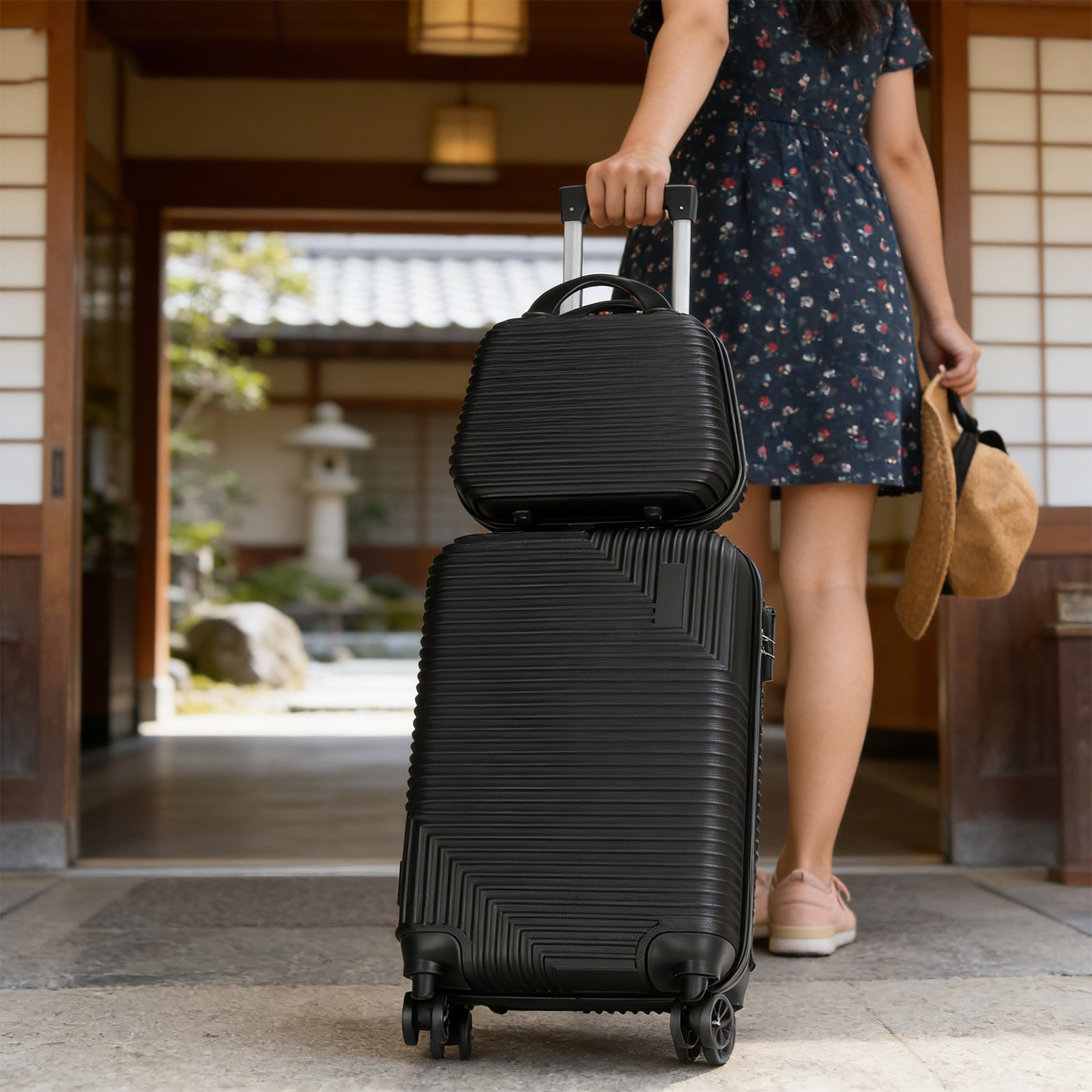 2-Piece Hardside Luggage Set - 20 Inch Carry On Suitcase + 14 Inch Cosmetic Case, ABS Spinner Luggage with Lock (Black/Purple)