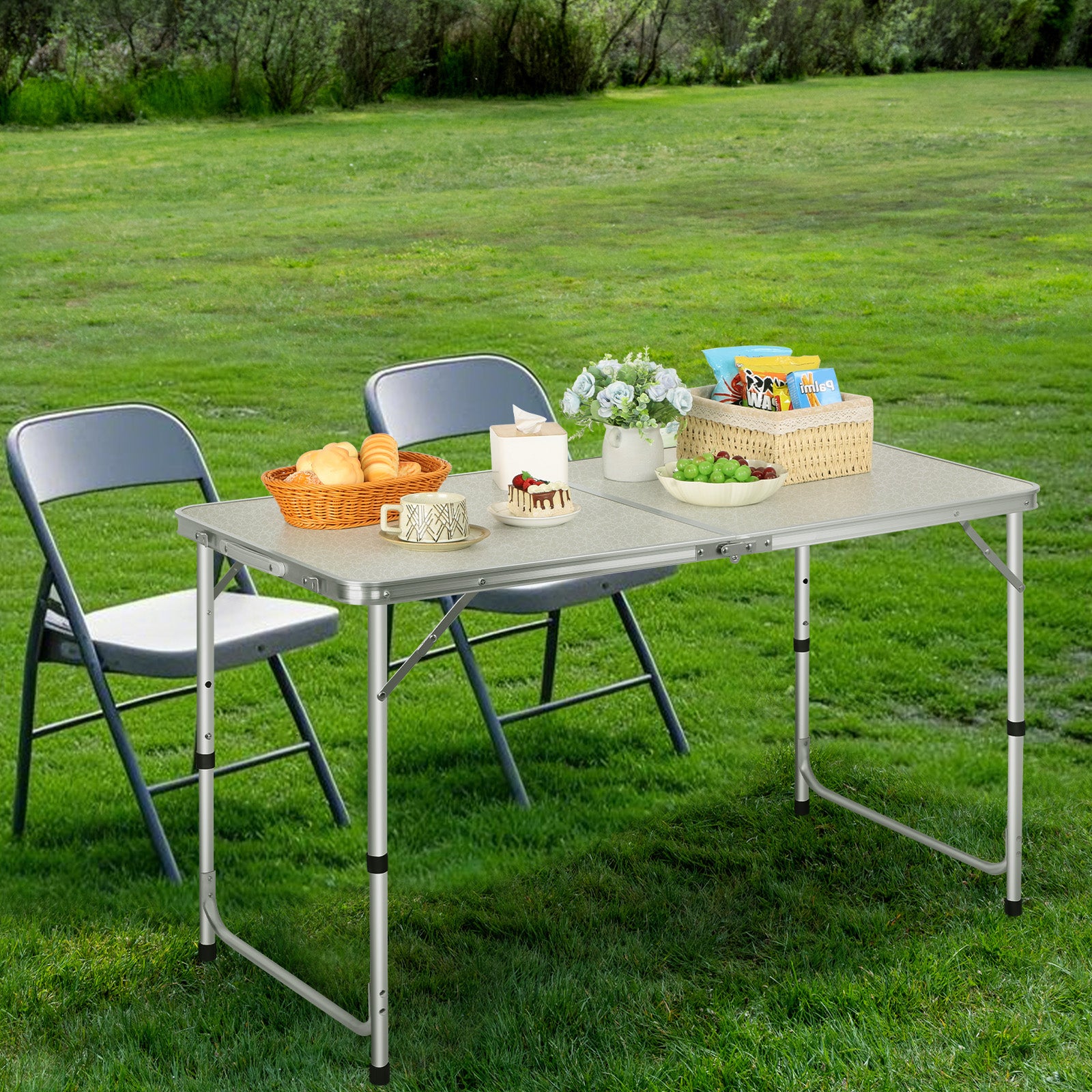 4FT Folding Camping Table - Portable Aluminum Lightweight Picnic Table with Adjustable Height, Heavy Duty Foldable Utility Table with Carry Handle for Outdoor, Indoor, Backyard, Beach, and BBQ