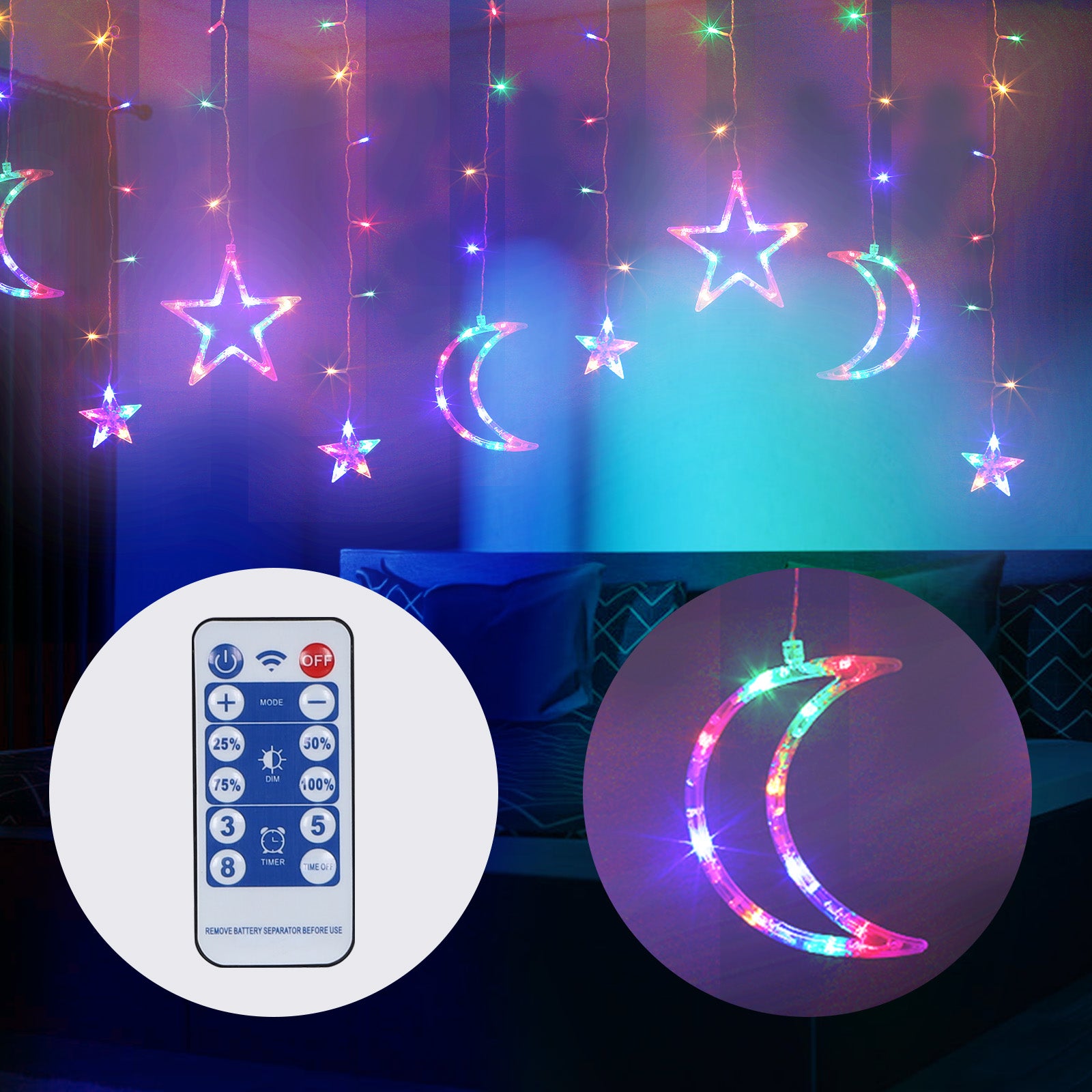 Solar Star Moon String Lights, 11.5 FT 138 LEDs Window Lights with 8 Lighting Modes and Remote Control, Indoor Outdoor Night Light for Christmas, Halloween Decoration