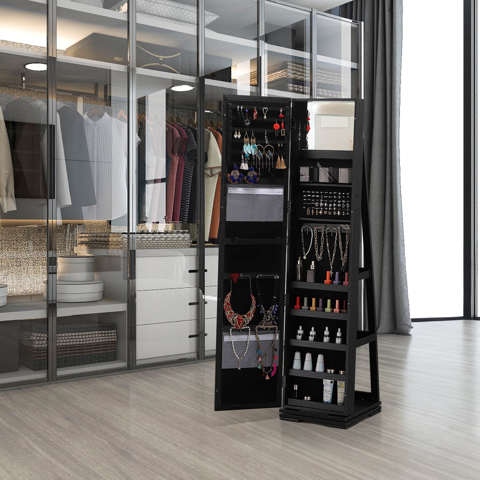 360Â° Swivel Jewelry Cabinet Armoire with Full-Length Mirror - Lockable Jewelry Organizer with Rear Storage Shelves & Large Capacity Makeup Storage, Black