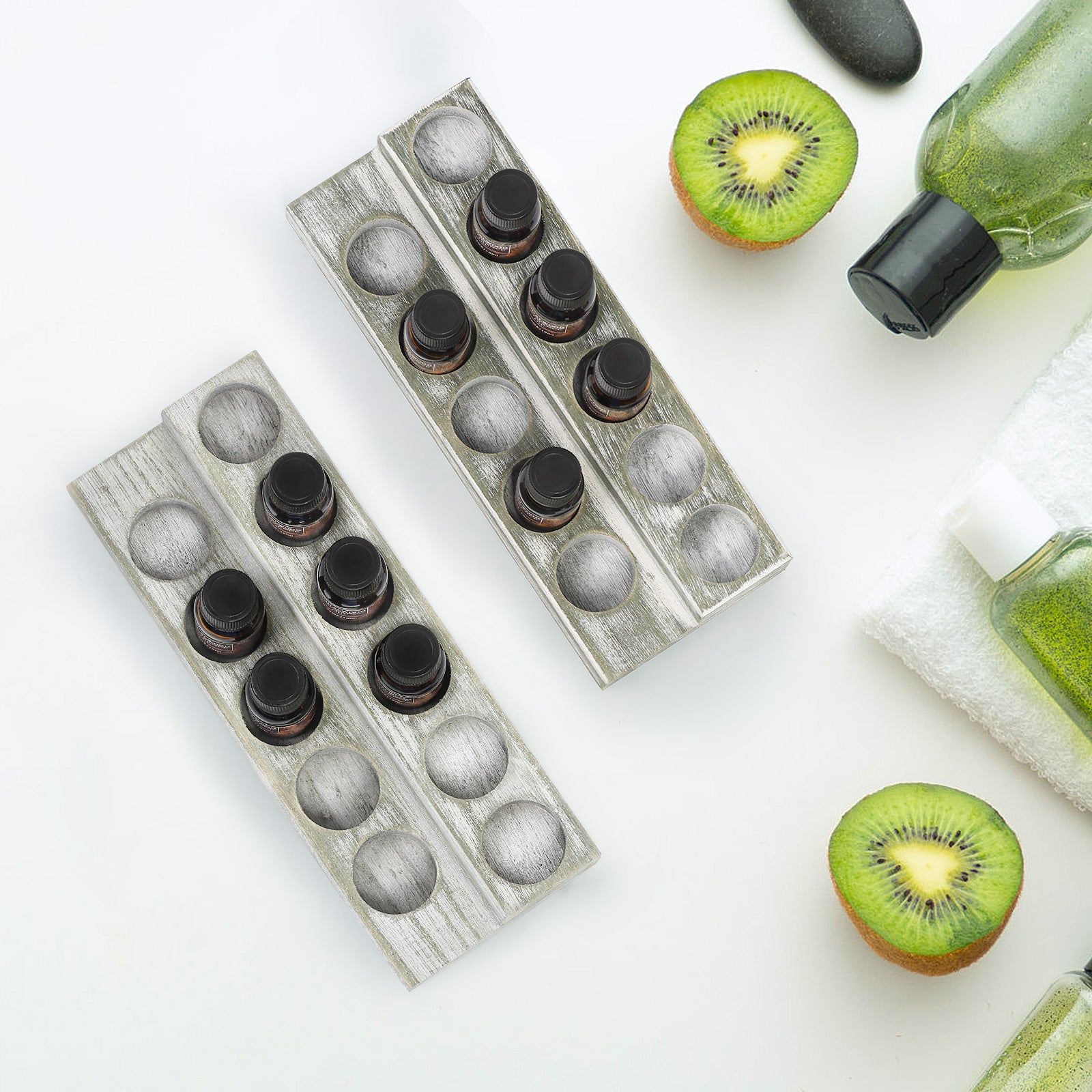 2-Pack Rustic Olive Green Wood Storage Racks for Essential Oils and Nail Polish, Fits 10ml, 15ml, and 20ml Bottles