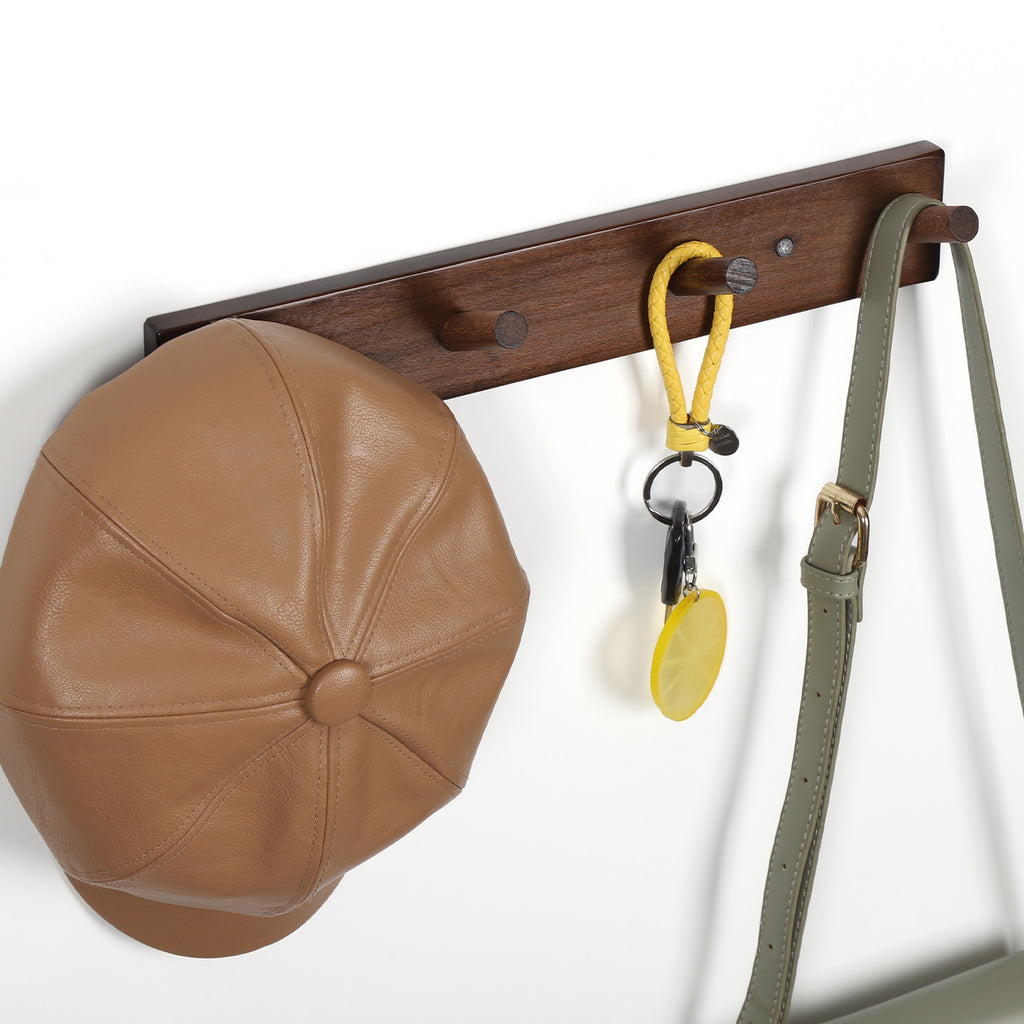 Rustic Solid Beech Wood Peg Coat Hooks 2 Pack, Wall Mount 4-Peg Hanging Rack with Adhesive Glue & Hardware Screws, Minimalist Farmhouse Wall Hanger for Coats, Backpacks, Umbrellas, Towels, Entryway Decor