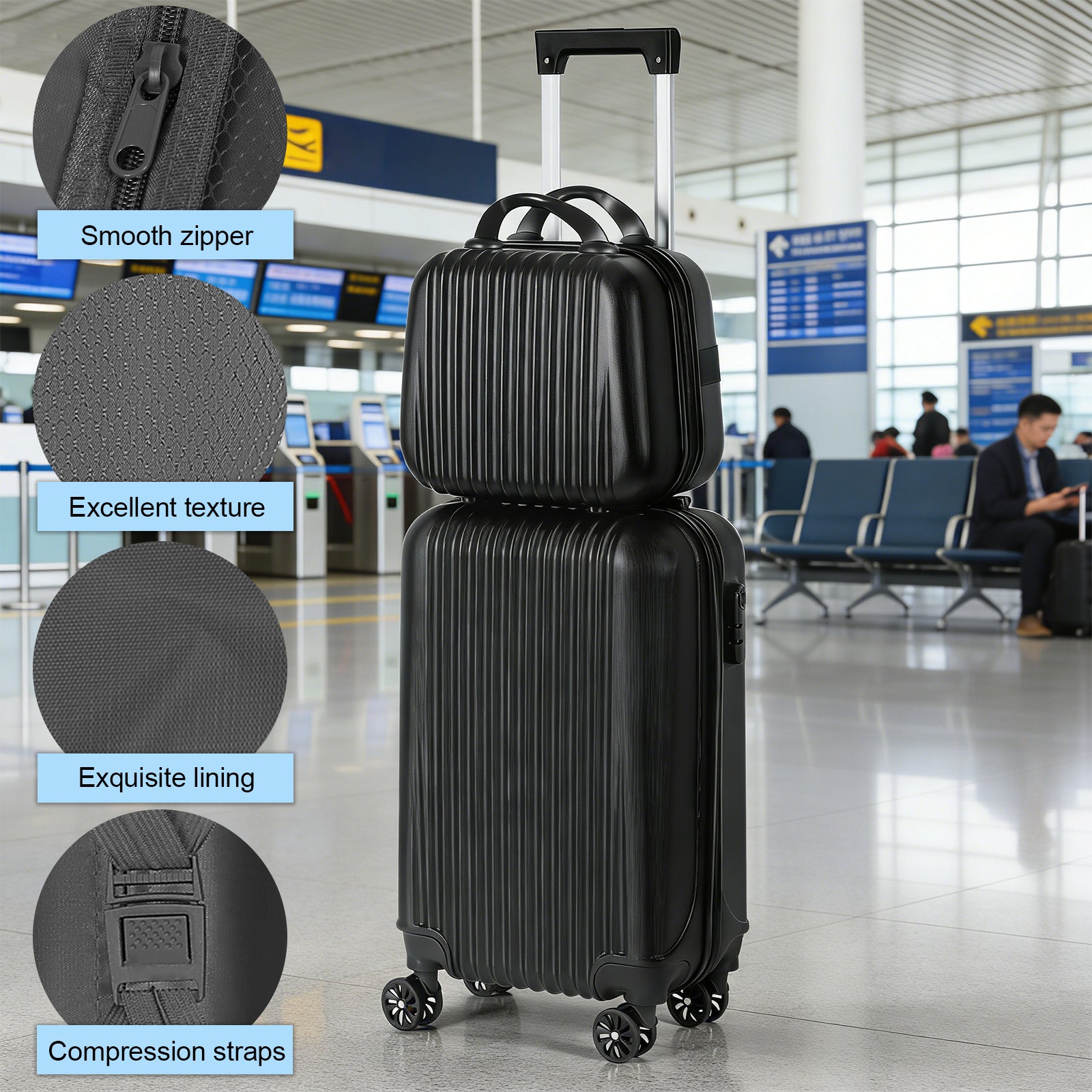 2-Piece ABS Hardside Luggage Set - 20 Inch Carry On Suitcase + 14 Inch Cosmetic Case with Spinner Wheels & Lock, Black