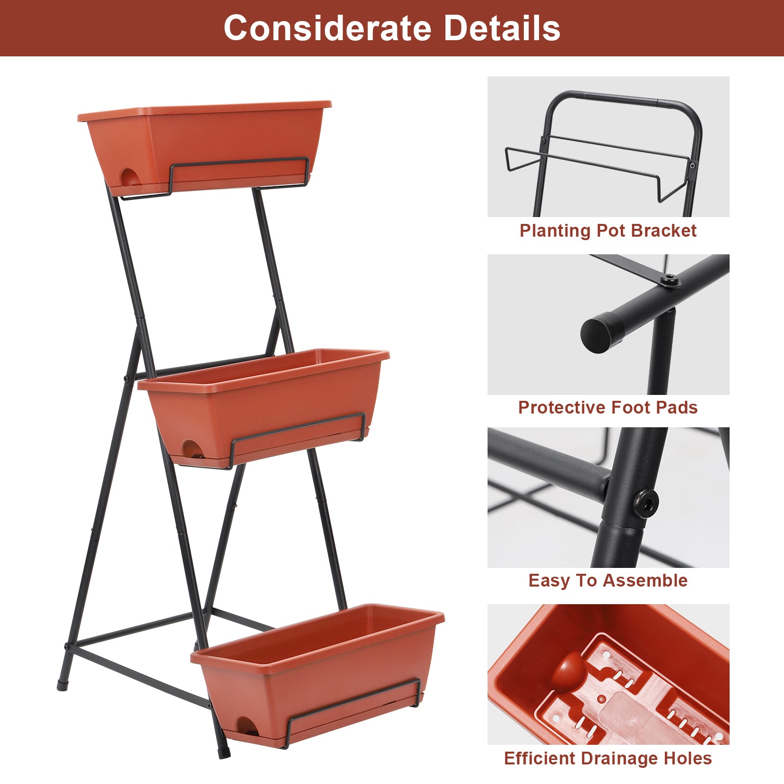 3-Tier Vertical Raised Garden Bed - Freestanding Planter Box Set for Vegetables, Herbs, and Flowers, Brick Red