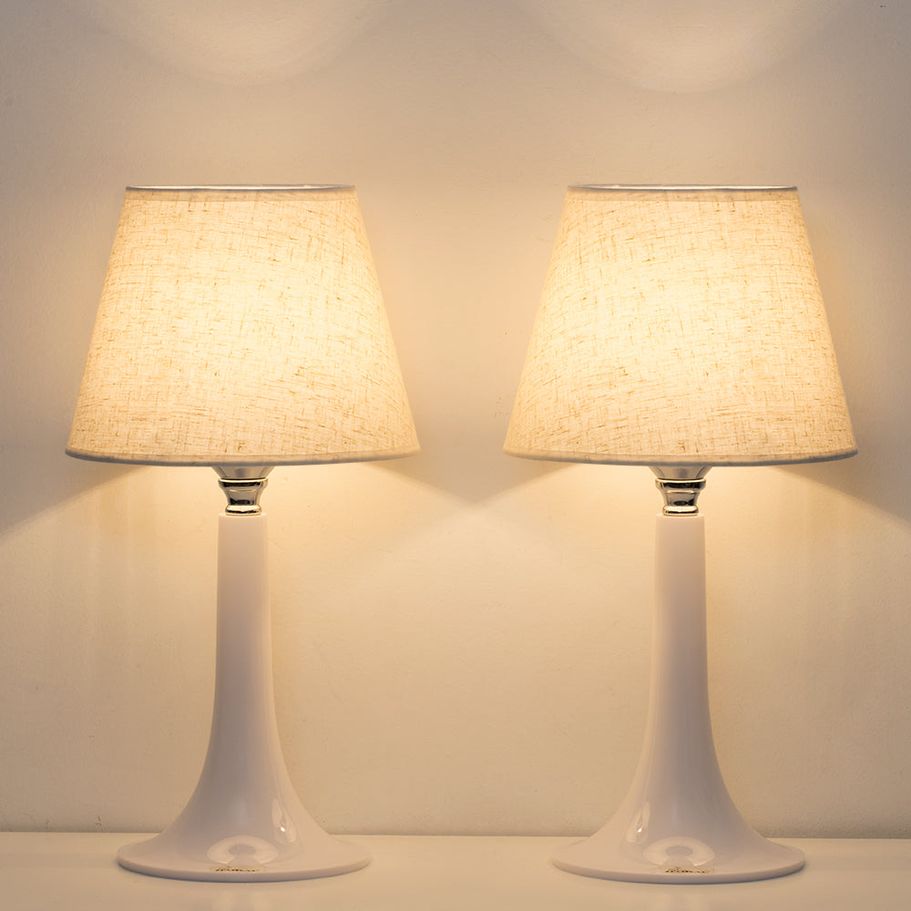 Pair of Contemporary White Table Lamps with Clear Acrylic Bases and Cloth Shades, Versatile Small Nightstand Lights for Kids' Rooms, Offices, or Bedrooms