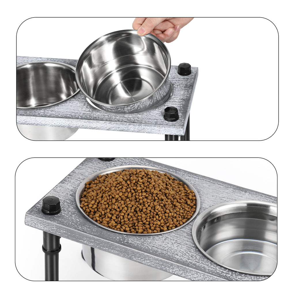 Pet Rice Bowl with 2 Stainless Steel Bowls and Non-Slip Feet Removable Wooden Pet Feeder with Drinking and Feeding Station for Cats and Dogs, Gray