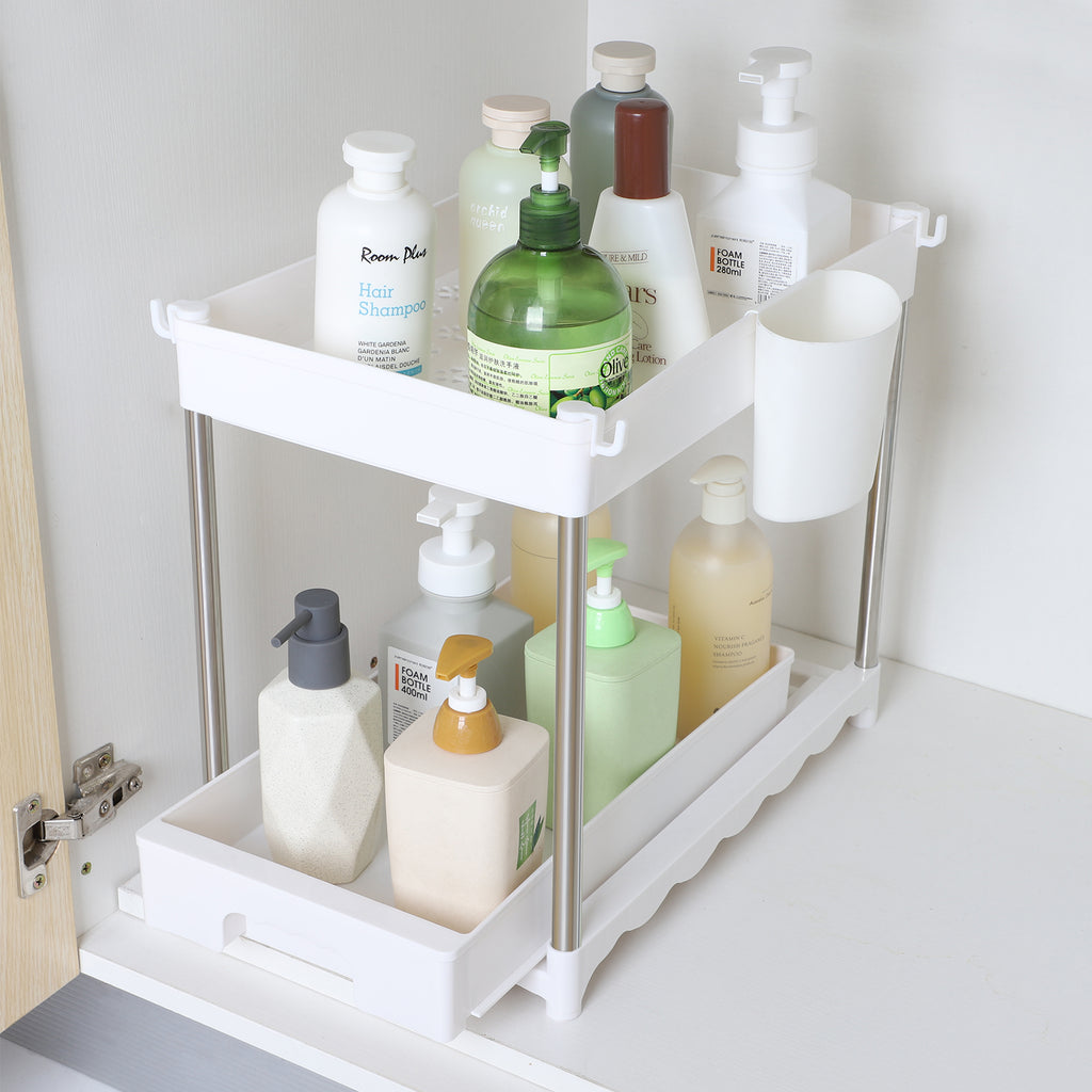Under Sink Organizers and Storage, 2-Tier Bathroom Kitchen Organization and Storage, Bathroom Cabinet Organiz With Sliding Drawers, Under Sink Storage Shelves with Hooks Hanging Cup Dividers