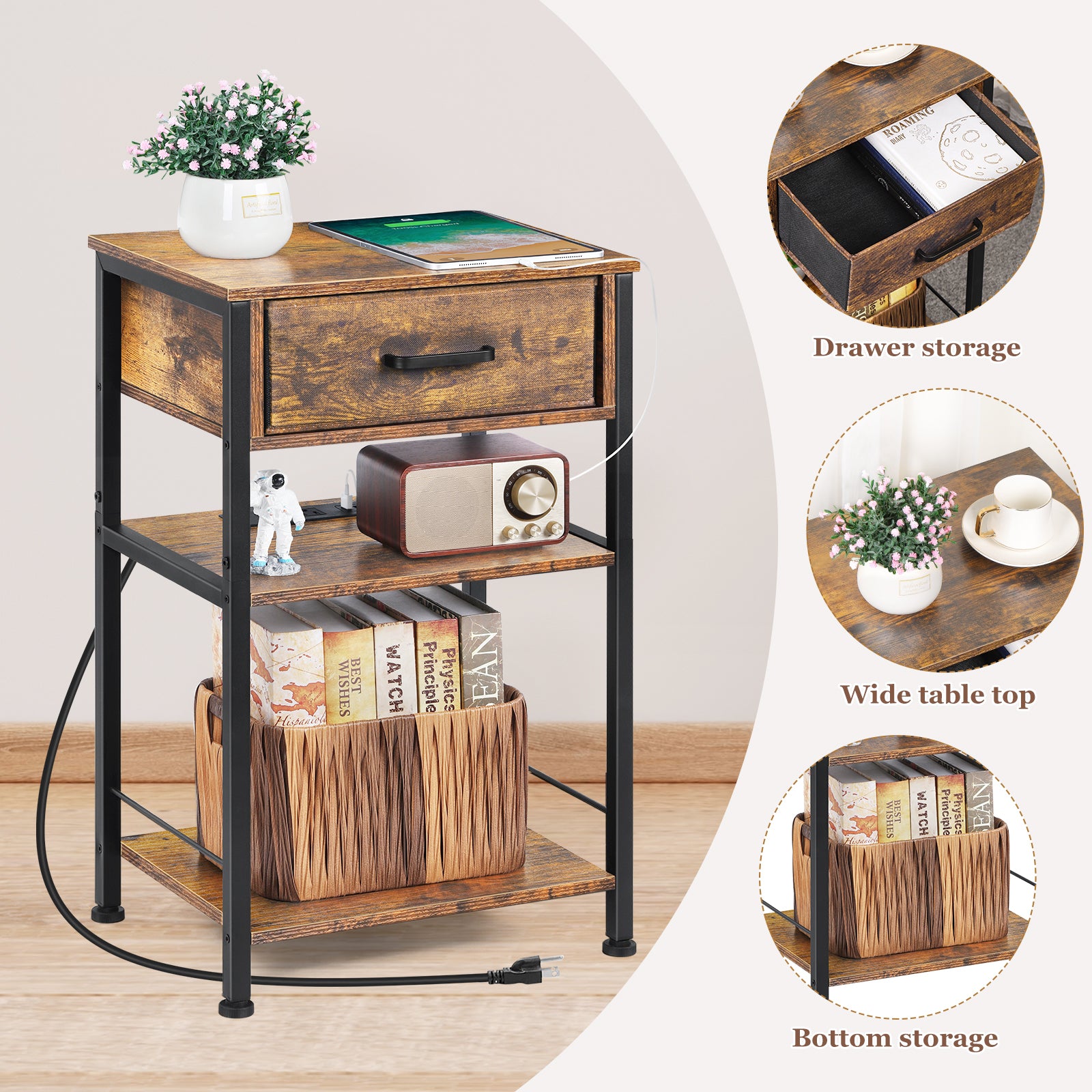 3-Tier Nightstand with Charging Station & Fabric Drawer, Rustic Brown Bedside Table for Living Room & Small Spaces,