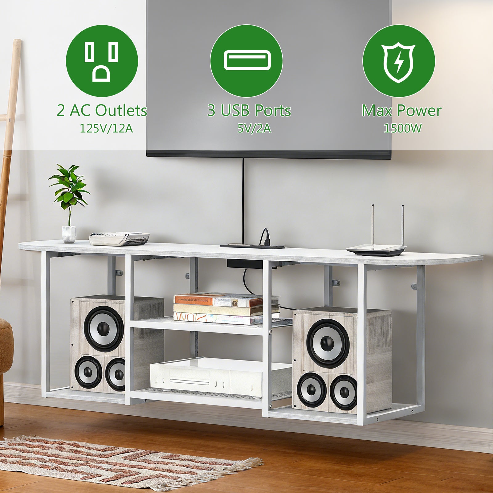 3-Tier Floating TV Stand with Charging Station - Wooden Wall Console for 32-55" TVs, White