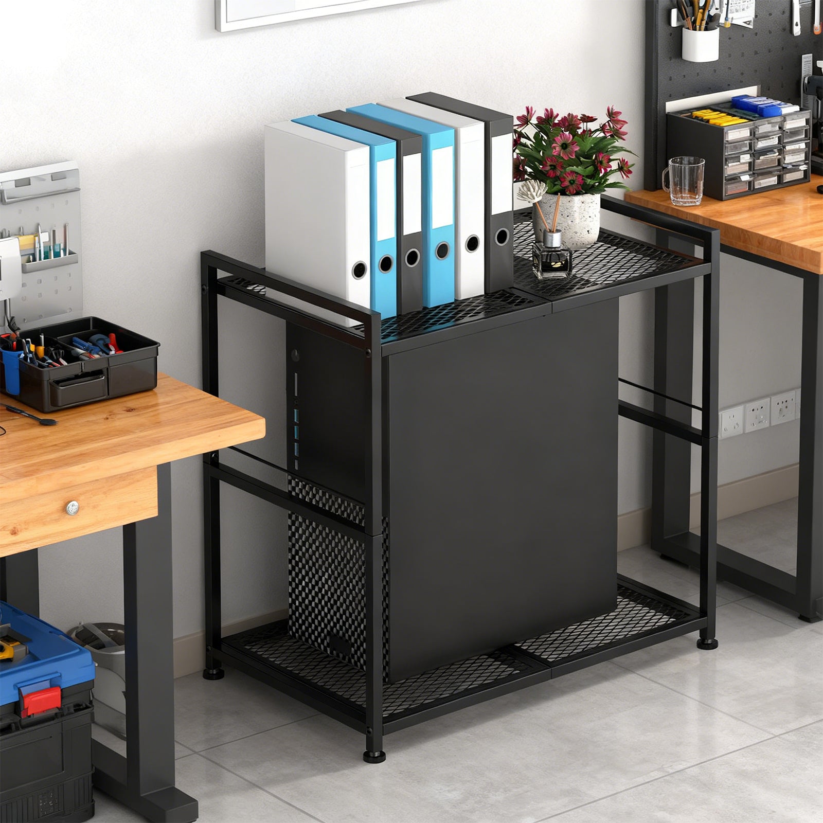 Command Center PC Tower Stand | 2-Tier Under-Desk Rolling Cart & Mobile Printer Station