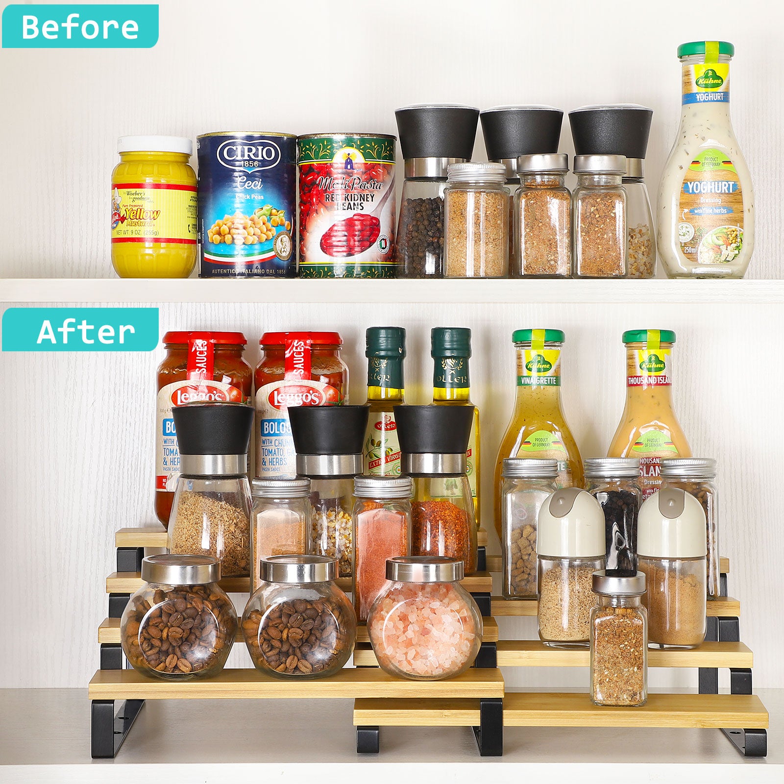 Heavy-Duty Bamboo Step Shelf Organizer | Expandable 3-to-4 Tier Spice Rack for Pantry & Countertop