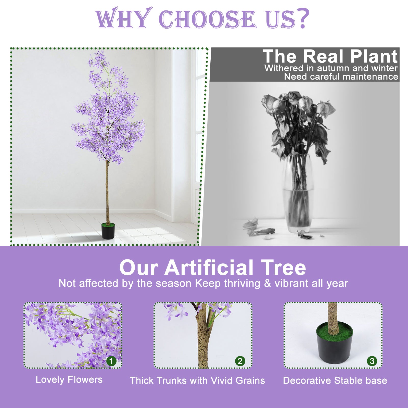6ft Artificial Winter Jasmine Tree with Purple Flowers, Tall Faux Potted Blooming Plant for Indoor Outdoor Home Decor