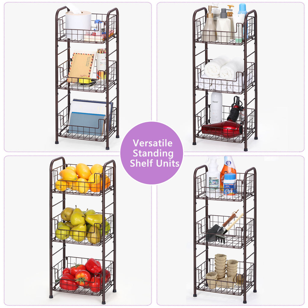 3-Tier FreeStanding Open Shelf, Storage Rolling Cart Bathroom Organizer Shelves Unit, Metal Steel Storage Tower Organizer Rack Basket Cart for Bathroom, Living Room, Balcony, Kitchen
