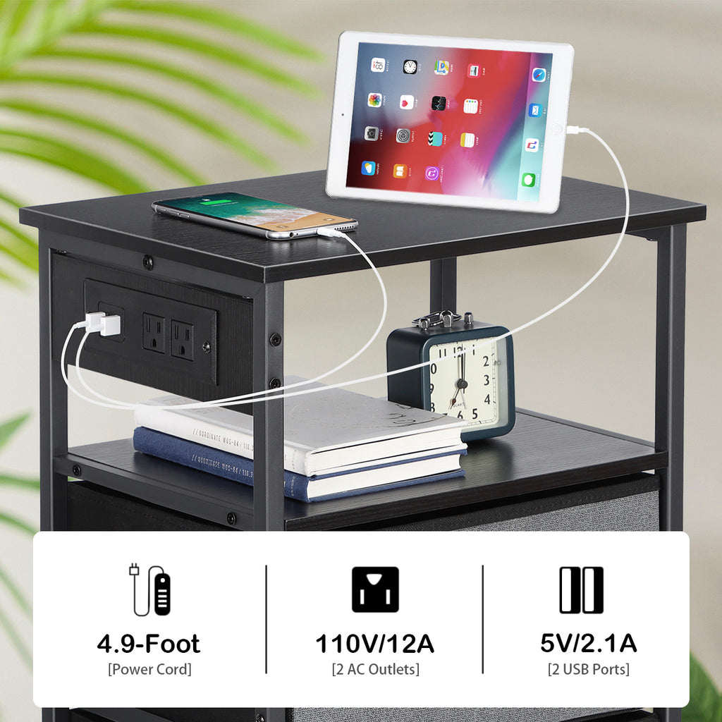 Compact Bedside Table with Power Outlets, Two Fabric Storage Drawers, and Open Shelf, Industrial Black Side Table for Small Bedrooms and Living Spaces
