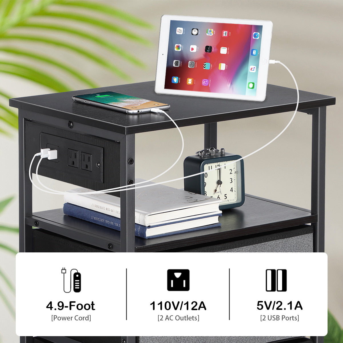 Compact Bedside Table with Power Outlets, Two Fabric Storage Drawers, and Open Shelf, Industrial Black Side Table for Small Bedrooms and Living Spaces