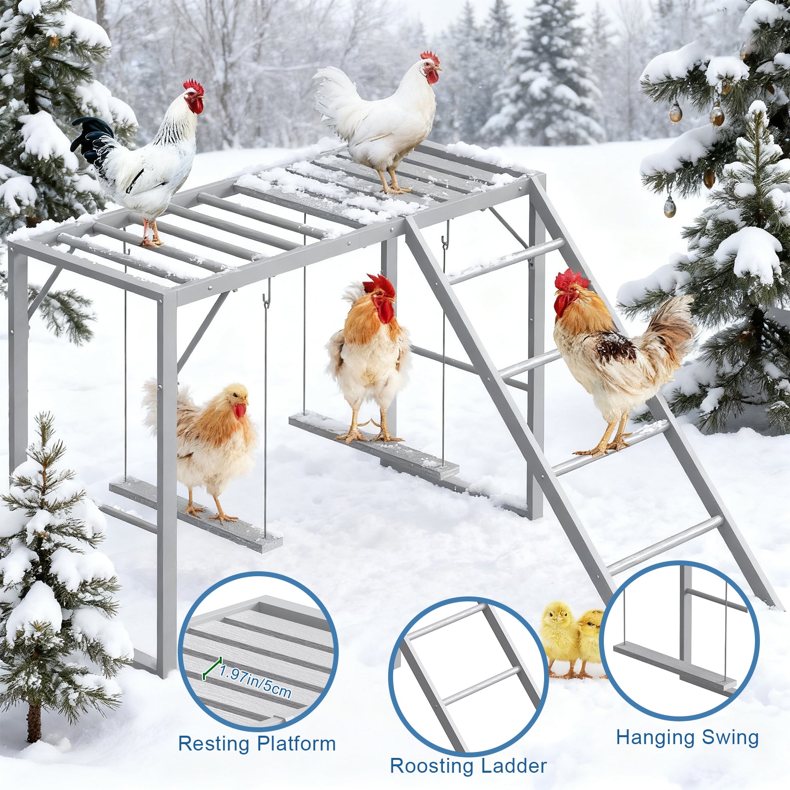 Chicken Perch Playground with Swing Set, Grey Wooden Chicken Activity Toy with Roosting Bars, Ladder & Swings for Coop, Holds 4-6 Chickens