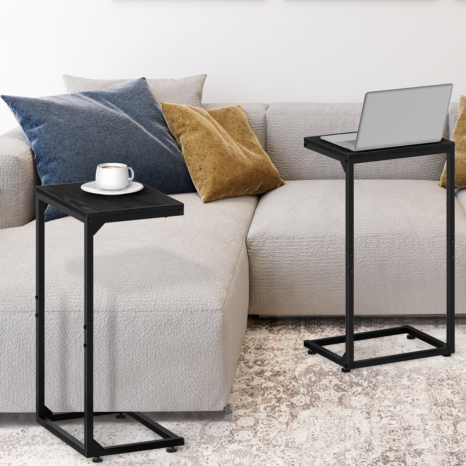 2-Pack C-Shaped Side Tables with Wood Textured Top - Slim Sofa End Tables for Small Spaces, Convenient Snack Tray for Living Room & Bedroom, Black