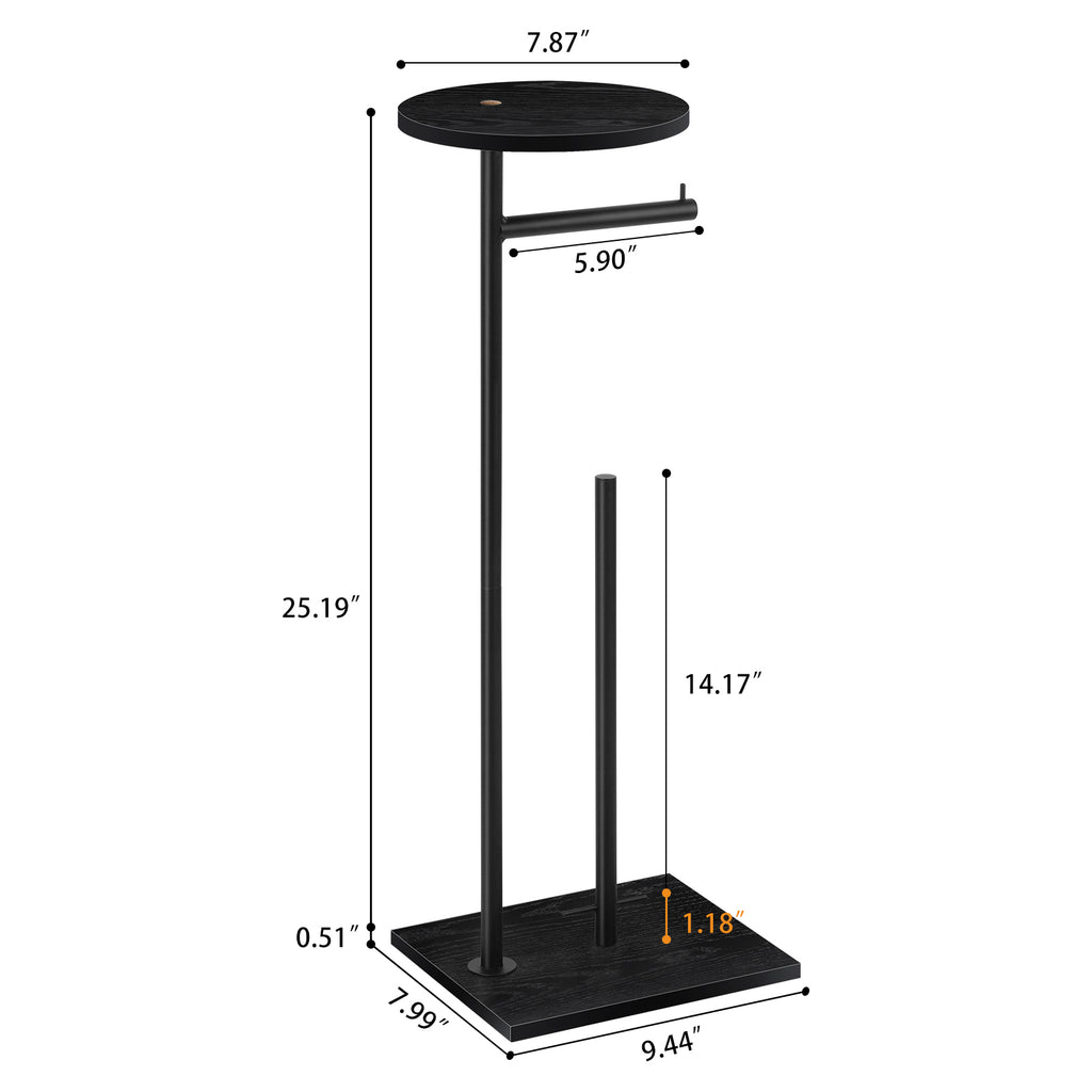Freestanding Toilet Paper Holder Stand with Round Wooden Top Shelf, Black Metal Tissue Roll Storage Rack, Reserve Roll Storage Design for Bathroom Kitchen