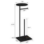 Freestanding Toilet Paper Holder Stand with Round Wooden Top Shelf, Black Metal Tissue Roll Storage Rack, Reserve Roll Storage Design for Bathroom Kitchen