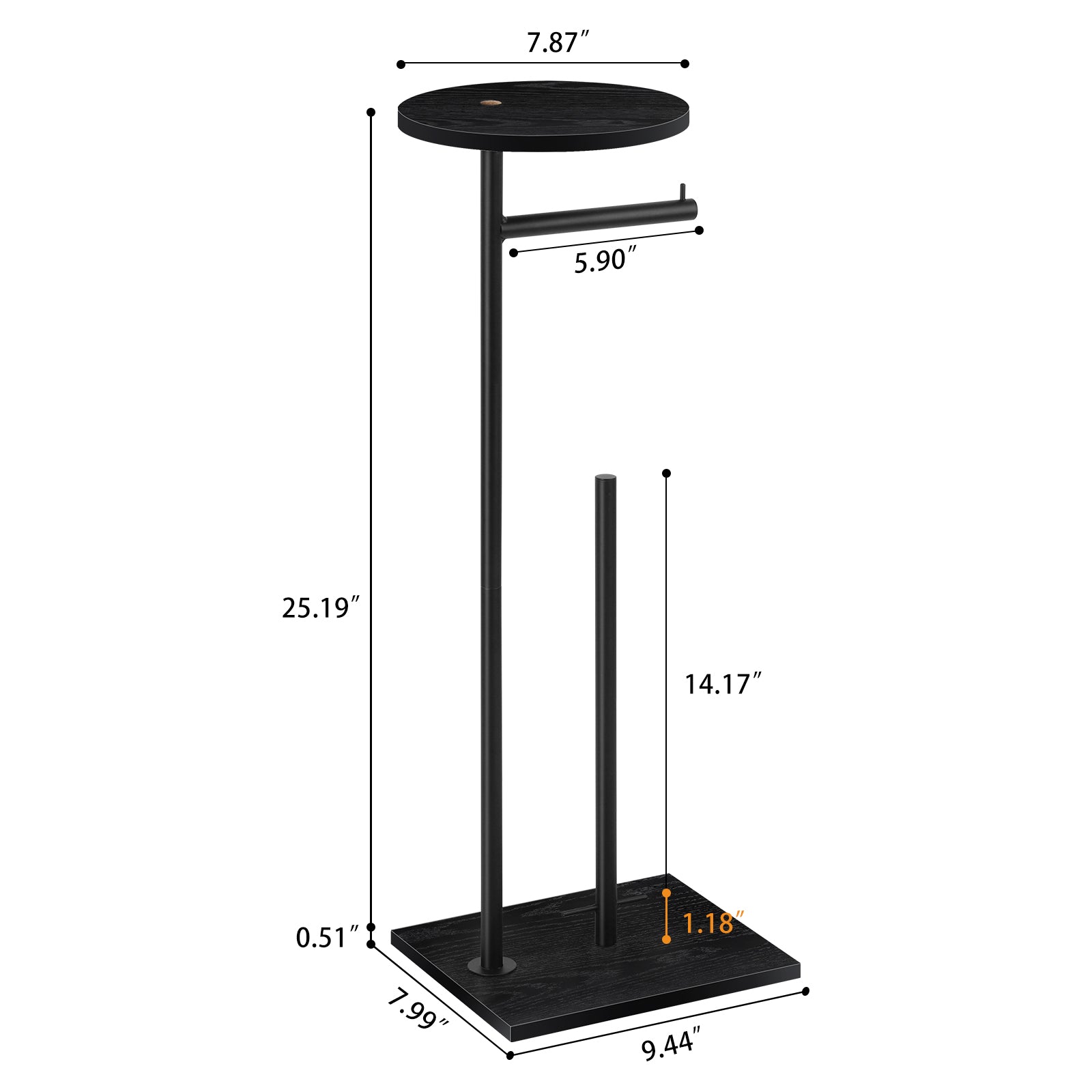 Freestanding Toilet Paper Holder Stand with Round Wooden Top Shelf, Black Metal Tissue Roll Storage Rack, Reserve Roll Storage Design for Bathroom Kitchen